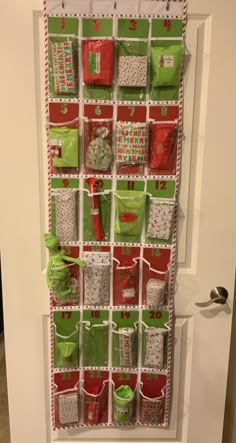 the door is decorated with green and red bags