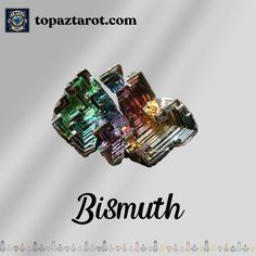 the words bismuth written in black and white are surrounded by multicolored crystals