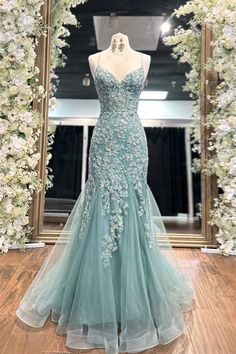 V-neck Sage Embroidery Mermaid Long Dress Sage Prom Dress, Formal Dress Pictures, Backless Prom Dress, Tulle Train, Colorful Dresses Formal, Purple Prom, Sage Dress, Burgundy Prom Dress, Perfect Prom Dress