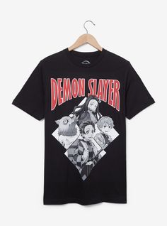 Keep the demons from your closet with this Demon Slayer: Kimetsu no Yaiba tee! Featuring black and white portraits of Tanjiro  Nezuko  Zenitsu  and Inosuke beneath "Demon Slayer" lettering  this shirt is perfect for fans of the anime. A BoxLunch Exclusive! Edgy Black T-shirt With Anime Print, Black Harajuku Style T-shirt For Fan Merchandise, Zenitsu And Inosuke, Group Portrait, Location Icon, Anime Tees, Demon Slayer Kimetsu No Yaiba, Anime Shirt, Black And White Portraits