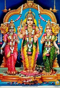 three deities standing next to each other in front of a blue background