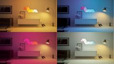 four different color images of a room with various lighting fixtures, including a lamp and television