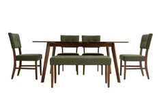 Add a pop of mid-century modern style with my Bettie dining set! The button tufting and flared legs of the seats and matching bench give off retro vibes, while the Bob-O-Pedic Memory Foam seats add modern comfort. And, I've included a 12'' removable leaf, so you'll have lots of space to host the next potluck dinner! | Bettie 6 Piece Walnut & Avocado Upholstered Extendable Dining Set with Bench in Green | Mid-Century Modern Dining Room Sets Modern Dining Room Sets, Mid Century Dining Room, Decorating Above Kitchen Cabinets, Mid Century Modern Dining Room, Potluck Dinner, Bobs Furniture, Healing Center, Decorating Bookshelves, Dining Set With Bench