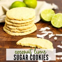 coconut lime sugar cookies on a cutting board with limes in the background and text overlay