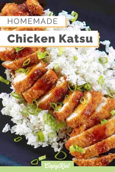 overhead look of Chicken Katsu sliced over a bed of rice and green onions on a platter. Chicken Cutlet Recipes, Tonkatsu Sauce, Chicken Katsu, Easy Japanese Recipes, Cutlets Recipes, Copykat Recipes, Japanese Cooking