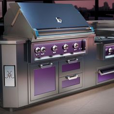 an outdoor grill with purple and silver accents