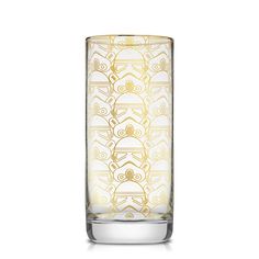 a glass vase with gold designs on it