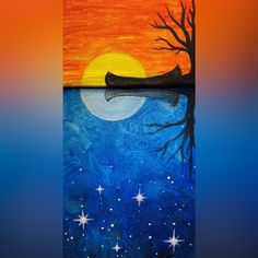 an acrylic painting of a tree and moon at night with stars in the sky