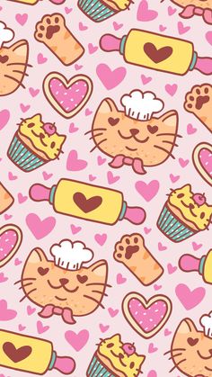 a pink background with cats and cupcakes in the shape of hearts on it