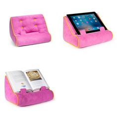 three different types of pink chairs with an ipad in the middle and one holding a book