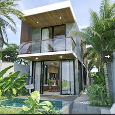 an artist's rendering of a modern house in the middle of palm trees and water