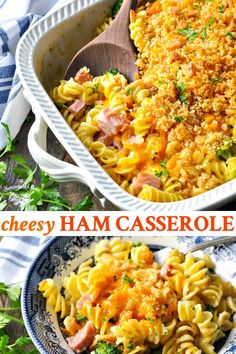 two pictures of ham casserole with broccoli and cheese