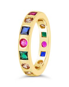 Liven up your look with this Courtney Ring! This sparkling band ring features rainbow-hued CZ stones in a wild array of shapes - it's like a rainbow, but better! (Let's be real, rainbows don't sparkle nearly as much!) Get ready to rock a look that turns heads - in all the colors of the wind. Materials: 14k gold or rhodium plated brass, cubic zirconia Features: 4mm band, 3mm CZ stones, Lead & Nickel free Adjustable Multicolor Crystal Promise Ring, Multicolor Cubic Zirconia Stackable Rings, Multicolor Stackable Cubic Zirconia Rings, Adjustable Multicolor Birthstone Promise Ring, Adjustable Multicolor Multi-stone Rings, Multicolor Stackable Birthstone Ring For Promise, Multicolor Stackable Birthstone Promise Ring, Colors Of The Wind, Rainbow Band