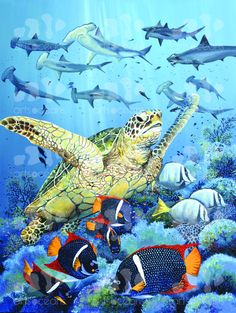 a painting of a sea turtle surrounded by fish