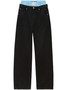 black cotton denim layered details rivet detailing logo patch to the rear high-rise belt loops elasticated waistband concealed fly and button fastening classic five pockets wide leg Black Wide Leg Jeans With Five Pockets, Black Wide Leg Cropped Jeans For Work, Black Denim Wide-leg Pants, Modern Black Flare Jeans With Five Pockets, Black Wide-leg Denim Bottoms, Classic Black Flare Jeans With Pockets, Black Flare Jeans With Five Pockets For Work, Black Wide-leg Flare Jeans With Belt Loops, Black Wide Leg Flare Jeans With Belt Loops