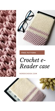 the crochet e - reader case is shown with glasses on it and an image of