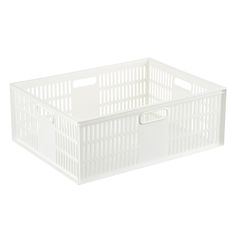 a white plastic storage basket with handles