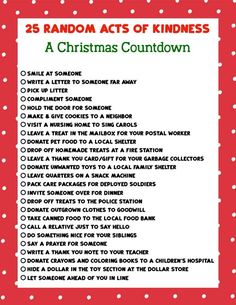 the 25 random acts of kindness christmas countdown is shown in red and white with polka dots