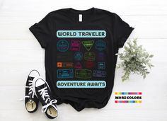 Hello and Welcome to our shop! Cool Travel T-shirt International Backpacker Passport Stamps Fan Birthday Gift Tshirt Tourist World Traveler Map Lover Present Tee Shirts. ✔️ Please make sure you check our size chart before you place your order.  ✔️ Feel free to send us a message if you have any questions. It is our pleasure to assist you. ✔️ This design can be printed on T-Shirts, V-Necks, Women's Racerbacks Tanks, Men's Tank Tops, Youth T-Shirts, Kids T-Shirts, Baby Onsies, Long Sleeves Shirts, Casual Black Top For Travel, Black Crew Neck T-shirt For Travel, Travel Tshirt, Passport Stamps, Shirts Ideas, T Shorts, Travel Shirts, Men's Tank, World Traveler