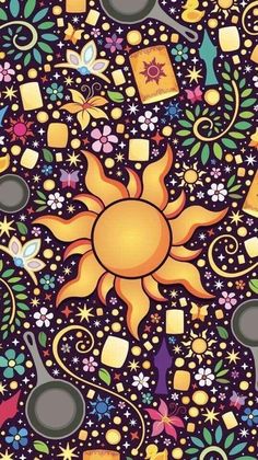 the sun is surrounded by many different objects and flowers on a black background with stars