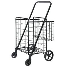 a black shopping cart with two wheels and a basket on the front, against a white background