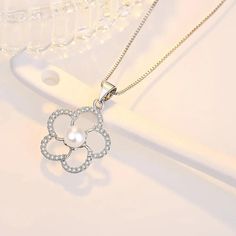 White Pearl Flower Pendant Necklace Artificial Pearl Cubic Zirconia 925 Sterling Silver - Mounteen Elegant Diamond White Flower Necklace, Silver Crystal Pearl Necklace In Classic Style, Diamond White Pearl Necklace With Cubic Zirconia, Elegant Cubic Zirconia Flower Pendant Jewelry, Elegant Silver Flower Jewelry, Silver Pearl Necklaces With Sparkling Stones, Silver Pearl Necklace With Sparkling Stones, Silver Crystal Pearl Necklace As A Gift, Silver Crystal Pearl Necklace Gift