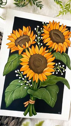 a painting of sunflowers on a black background