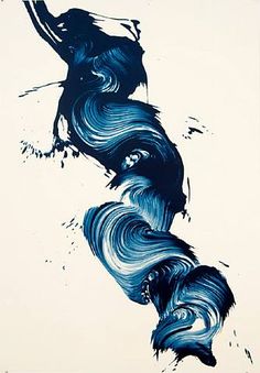 an abstract painting in blue and white with black swirls on the bottom half of it