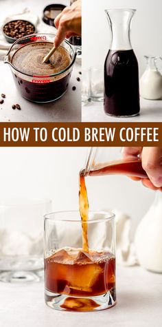 coffee being poured into a glass in front of a pitcher and cup filled with liquid