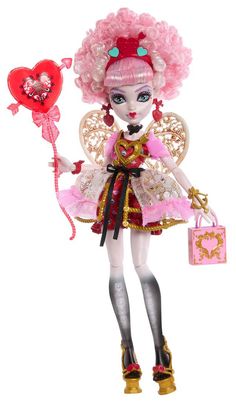 a doll with pink hair holding a heart shaped balloon in her hand and wearing a dress