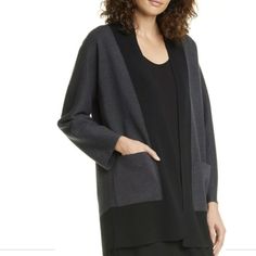 Open Front, Long Sleeve, Slight A-Line Silhouette, Long Cardigan In Merino Wool; Expertly Spun In Italy, Eileen's Merino Yarns Are Smooth And Sensuous, With Quality They Have Counted On For More Than Two Decades Charcoal Long Sleeve Sweater, Chic Black Cardigan For Layering, Elegant Charcoal Long Sleeve Outerwear, Elegant Gray Cardigan For Layering, Duster Cardigan Sweater, Black Cardigan Sweater, Funnel Neck Sweater, Merino Wool Cardigan, Drape Cardigan