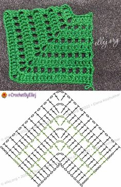 the crochet pattern is shown in green and white, with two rows of squares on