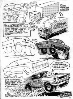 an old drawing shows different types of cars and trucks in various stages of construction, with instructions on how to build them