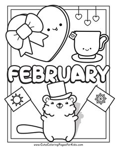 a coloring page with the words february and a cat wearing a top hat, holding a heart