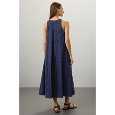 Blue cotton (100% Cotton). Casual dress. V-neck. Sleeveless. Pull on. 52" from shoulder to hemline. Imported. Cotton V-neck Unlined Maxi Dress, Cotton V-neck Sleeveless Sundress, Cotton Sleeveless Unlined Midi Dress, Sleeveless Cotton Unlined Midi Dress, Sleeveless Cotton Midi Dress Unlined, Blue V-neck Sleeveless Cotton Dress, Unlined Sleeveless Cotton Midi Dress, Blue Cotton Unlined Dress, Sleeveless Cotton Maxi Dress Unlined