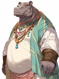 an animated hippopotamus dressed in traditional african clothing and jewelry, standing with his hands on his hips