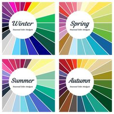 four different color swatches with the words spring, autumn and winter written in white