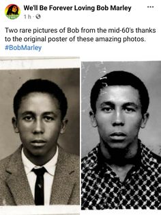 two pictures of bob from the mid - 50's thanks to bob marley