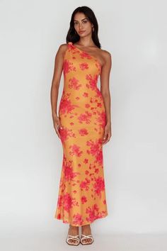 Shop the Portland One-Shoulder Jersey Maxi Dress Floral Orange | Selfie Leslie One-shoulder Floral Maxi Dress For Party, Party One-shoulder Maxi Dress With Floral Print, Summer Floral Print One Shoulder Maxi Dress, One-shoulder Maxi Dress For Garden Party, Off-shoulder Floral Print Gala Dress, One Shoulder Floral Print Prom Dress, One-shoulder Floral Print Prom Dress, Fitted One Shoulder Dress With Floral Print For Evening, One Shoulder Maxi Dress For Summer Parties