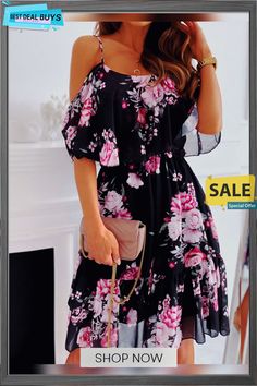 Summer Floral Print Dress Woman Sexy Spaghetti Strap Mini Dresses Fashion Off Shoulder Boho Beach Dress Femme Robe Vestidos Summer Flowy Cold Shoulder Dresses, Summer Brunch Dress With Cold Shoulder, Flowy Cold Shoulder Summer Dresses, Summer Party Cold Shoulder Maxi Dress, Summer Party Maxi Dress With Cold Shoulder, Chiffon Dresses With Spaghetti Straps For Vacation, Summer Beach Dress With Cold Shoulder, Casual Cold Shoulder Beach Dress, Summer Cold Shoulder Beach Dress