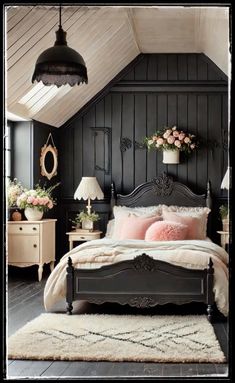 a bedroom with black walls and white carpeted flooring, an antique style bed has pink pillows on it