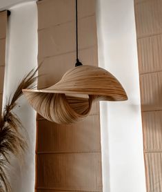 a wooden lamp hanging from the ceiling next to a plant in a room with white walls