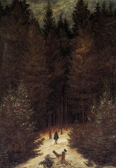 a painting of people walking through a forest