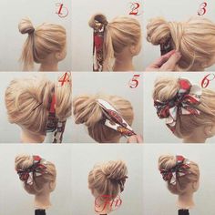 Bunch with scarf Easy Hair Dos, Hair Updos Tutorials, Hair Arrange, Makeup Wedding, Scarf Fashion, Long Straight Hair, Everyday Hairstyles, Hair Dos