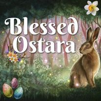 a rabbit sitting in the grass next to an easter egg hunt with words that read, blessed ostraa