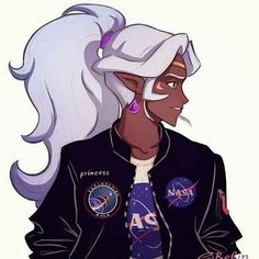 a drawing of a woman with white hair and an astronaut's jacket on her shoulders