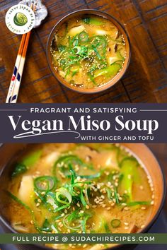 Ginger and tofu plant-based miso soup served in a bowl bowl on a dark wooden table Ginger Miso Soup, Vegetarian Miso Soup, Vegan Miso Soup, Ginger Recipe, Miso Recipe, Healthy Gut Recipes, Miso Soup Recipe, Ginger Miso, Tofu Vegan