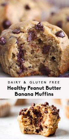 healthy peanut butter banana muffins with chocolate chips in the middle and one half eaten