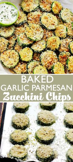 baked garlic parmesan zucchini chips on a baking sheet and in a pan