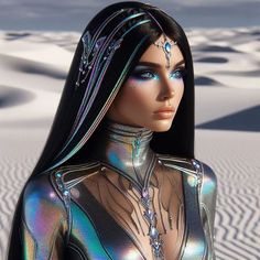 a barbie doll is dressed in silver and black with blue eyeshadow, headpieces and body jewelry